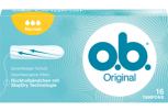Εικόνα συσκευασίας o.b.® Original Normal. Το προϊόν έχει τρεις σταγόνες, υποδεικνύοντας ότι συνιστάται για μικρή έως μέτρια ροή.